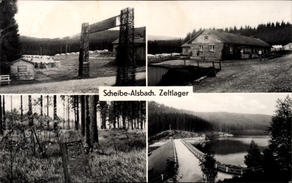 Ak Scheibe Alsbach Neuhaus am Rennweg Thüringen, Zeltlager, See, Gedenkstein