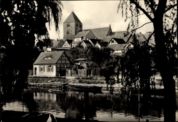 Postcard Plau am See Mecklenburg, town view, Gothic church, picturesque half-timbered houses, water view