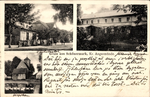 Postcard Schönermark in Brandenburg, church, town views