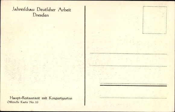 Postcard Dresden, annual show of German work, main restaurant with concert garden