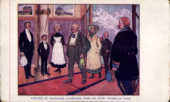 Artist Postcard Hansi, Arrival of German tourists in a Swiss hotel