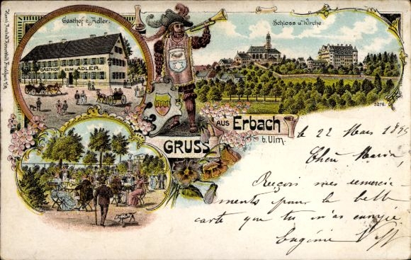 Litho Erbach an der Donau Württemberg, Gesamtansicht, Schloss, Kirche, Gasthof zum Adler