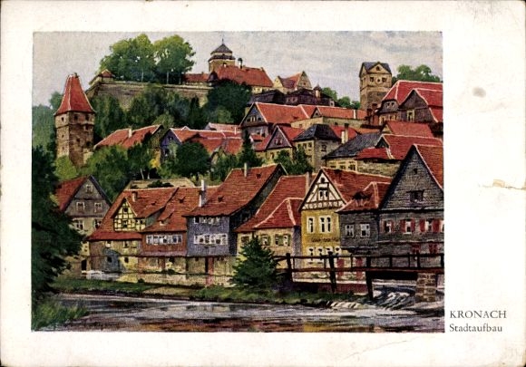 Ak Kronach in Oberfranken, Stadtansicht mit Häusern, roten Dächern, Brücke und Wasserlauf