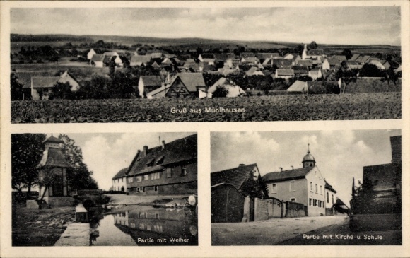 Postcard Mühlhausen im Kraichgau Baden, pond, church, school, general view