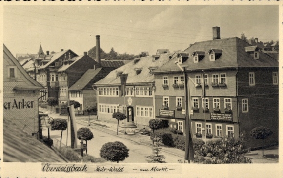 Postcard Oberweißbach in the Weißbachtal Thuringia, black and white photo, houses, tree-lined street, market