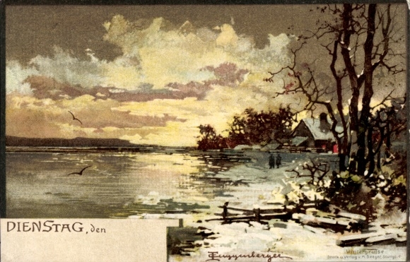 Artist Chromo-Litho Tuggenberger, Tuesday, Winter Greetings, Riverbank, Ice