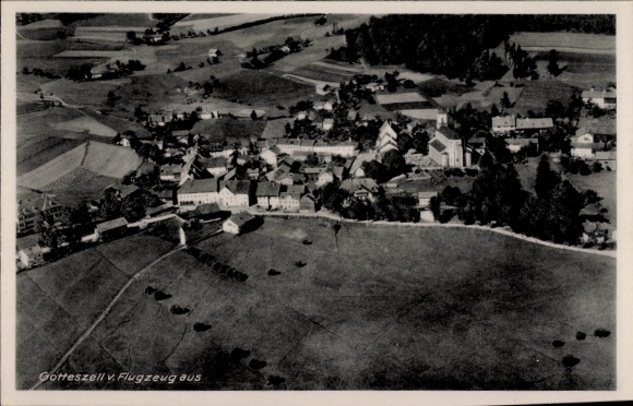 Postcard Schleching am Chiemsee, aerial view of rural surroundings, many trees, small houses