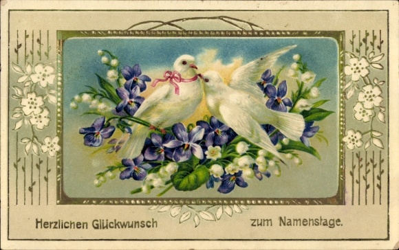 Embossed PC congratulations on your name day, two white doves, violets, lilies of the valley
