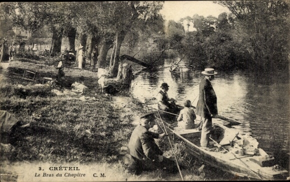 Postcard Créteil Val de Marne, river landscape, anglers, boats, riverside vegetation, people on the path