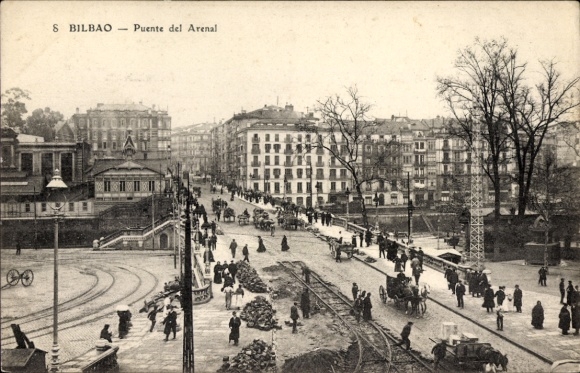 Postcard Bilbao Basque Country, Puente del Arenal, people, horse-drawn carriage, street view