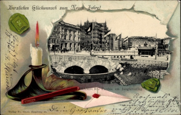 Embossed passepartout PC Hamburg Mitte Neustadt, Am Jungfernstieg, letter, candle, sealing wax