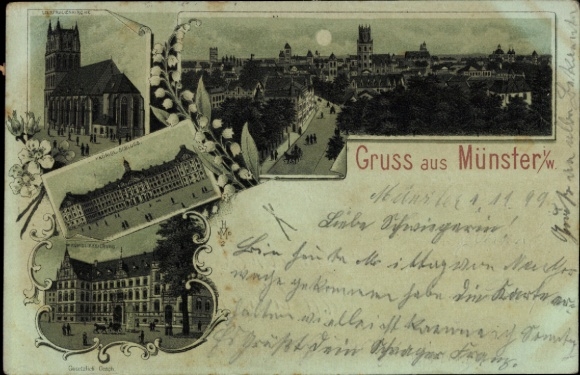 Mondschein Litho Münster in Westfalen, Gesamtansicht, Platz, Kirche