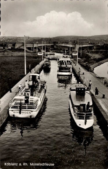 Ak Koblenz am Rhein, Blick auf die Moselschleuse, Schiff Winningen