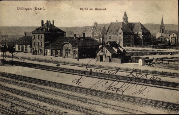 Postcard Dillingen in Saarland, train station, track view