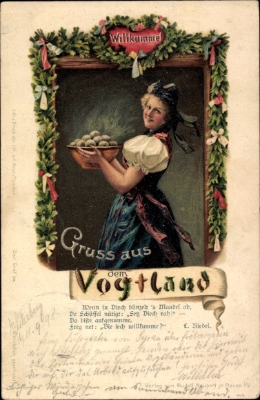 Postcard costume from the Vogtland, Willkumme, woman with dumplings
