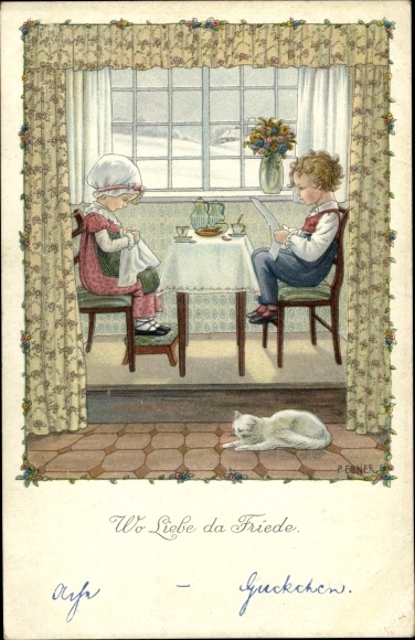 Artist PC Ebner, Pauli, where love there peace, cat, man and woman at the table