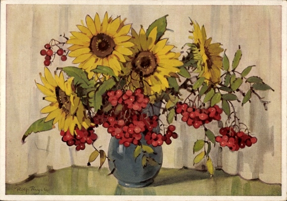 Artist Postcard Regele, R., Bouquet of flowers, sunflowers, Ackermann 4180