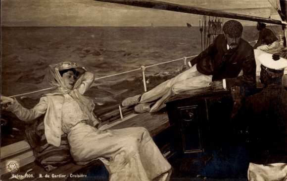 Artist Postcard relaxed couple on board a ship
