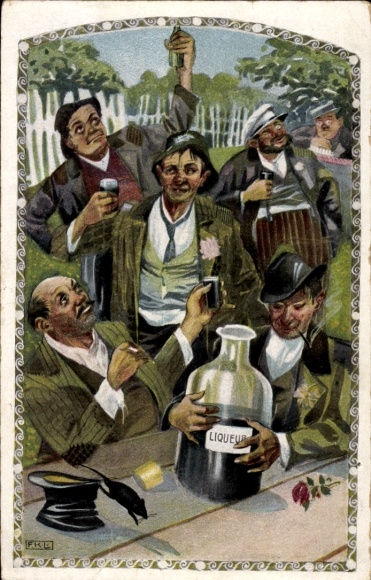 Postcard Dresden Altfranken, men drinking alcohol in a garden