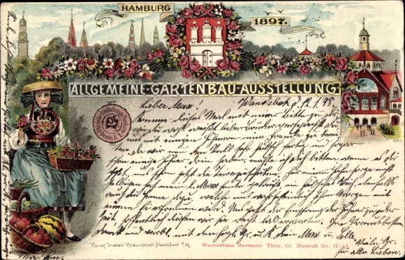 Chromo-Litho Hamburg, general horticultural exhibition 1897, coat of arms, Vierländerin