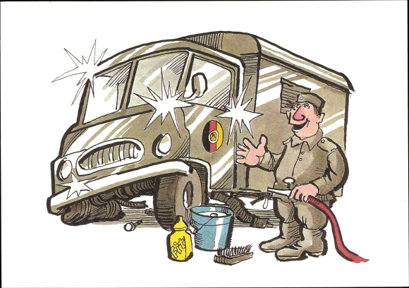 Artist Postcard Muzeniek, Peter, NVA, National People's Army, soldier washes truck with broken wheel