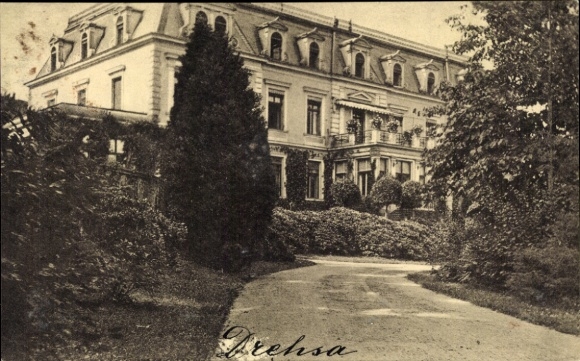 Ak Dahlen in Sachsen, Gebäude im historischen Stil, Gartenlandschaft, Straßenansicht, Schriftz...