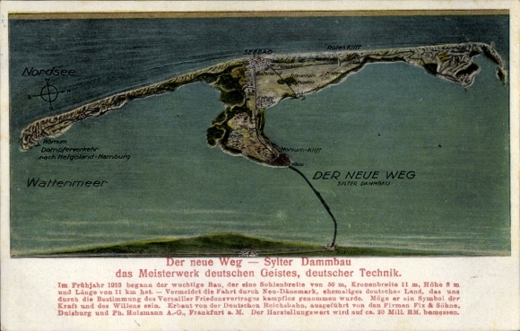 Kaarten Ak-eiland Sylt in Noord-Friesland, Neuer Weg, bouw van de Sylt-dam