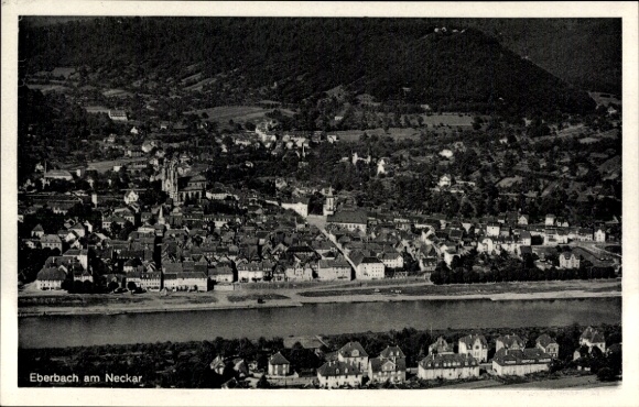 Postcard Eberbach am Neckar Odenwald Baden, panoramic view of Eberbach, Neckar river in the foreground, H