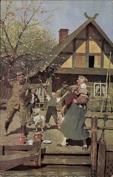 Artist Postcard Röchling, C., Home leave, soldier returns home to his family, Red Cross