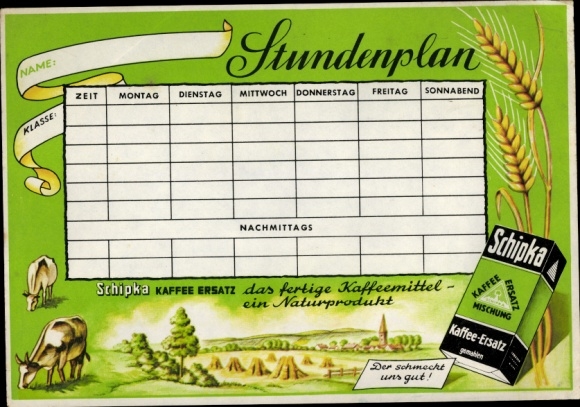 Timetable Schipka coffee substitute, natural product, cows around 1950