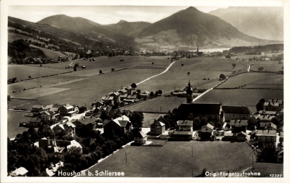 Postcard Hausham in Upper Bavaria, landscape photograph, village architecture, church, mountains
