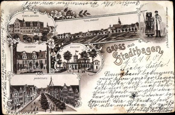 Chromo-Litho Stadthagen Lower Saxony, Fürstl. Castle, courtyard, train station, market square, traditional costumes, long shot