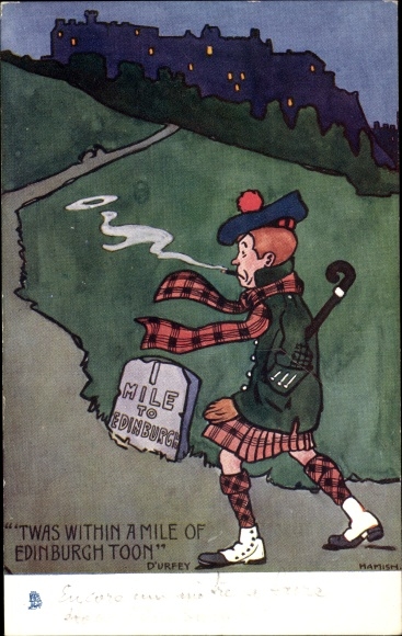 Artist Postcard Hamish, Scotland, Edinburgh Toon, D&#39;Urfey, Kilt, Tam o&#39; shanter, Smoking, Tuck 6148