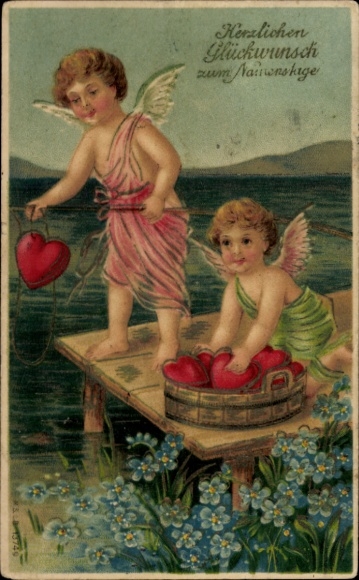 Embossed Postcard Congratulations Name Day, Cupid, Hearts