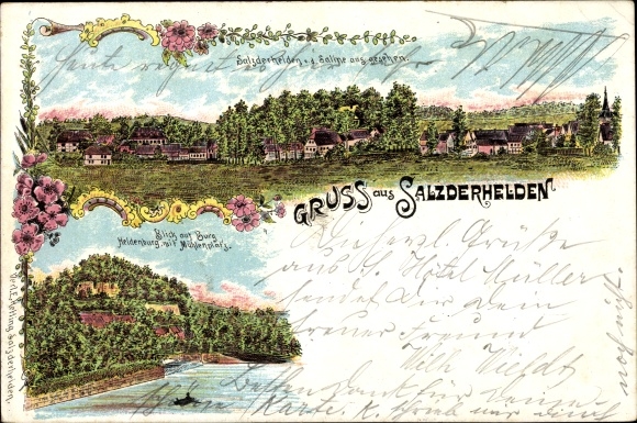 Litho Salzderhelden Einbeck Nedersaksen, Panorama vanaf de Saline, Kasteel Heldenburg, Mühlenplatz