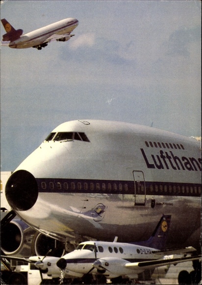 Postcard Lufthansa passenger plane at an airport