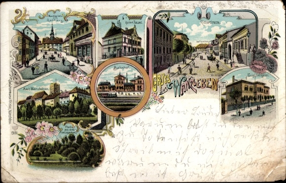 Chromo-Litho Wanzleben Börde in Saxony Anhalt, train station, track side, Ritterstraße, town hall