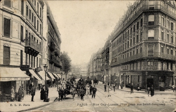 Ak Paris V, Straße mit Pferdefuhrwerken, Geschäfte,  Rue Gay-Lussac