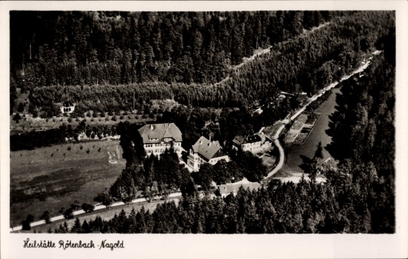 Postcard Rötenbach Nagold in the Black Forest, Rotenbach sanatorium aerial photograph, forest landscape, river