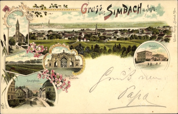 Chromo-Litho Simbach am Inn in Lower Bavaria, portal of the Inn bridge, train station, parish church, main street