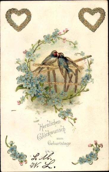 Präge Glitzer Litho Glückwunsch Geburtstag, Schwalben, Herzen, Vergissmeinnicht
