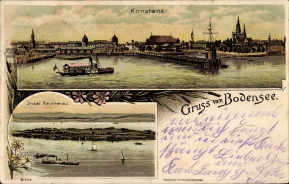 Litho Konstanz am Bodensee, Gesamtansicht, Insel Reichenau