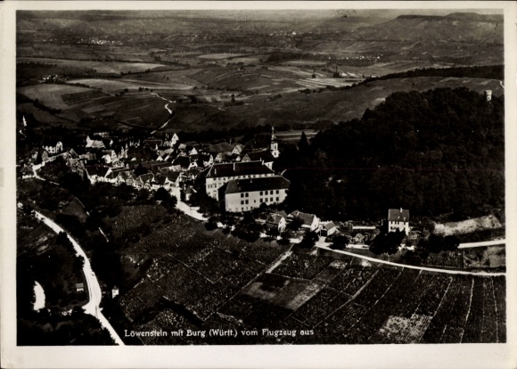 Postcard Löwenstein in Württemberg, aerial view of castle, vineyards, landscape