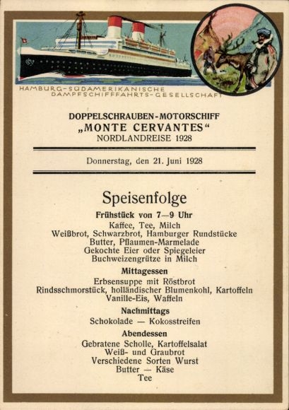 Ak Doppelschrauben-Motorschiff Monte Cervantes, HSDG, Speisenfolge