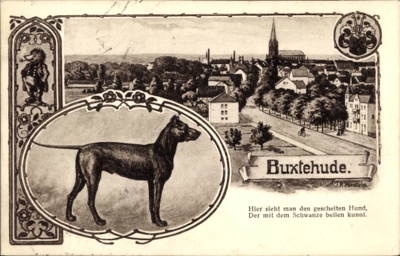 Artist Postcard Buxtehude in Lower Saxony, dog barking with tail, hedgehog with whistle
