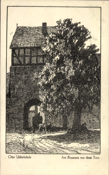 Kunstenaar Ak Ubbelohde, Otto, Bij de fontein voor de poort