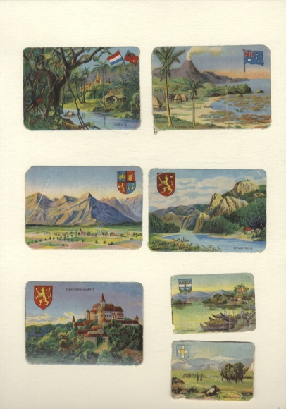 7 wafers landscapes and coats of arms of different countries, each approx. 6 x 8.5 cm and 4 x 6 cm