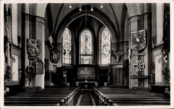 Postcard Wilhelmshaven on the North Sea, interior of the Naval Memorial Church, pews, colored windows