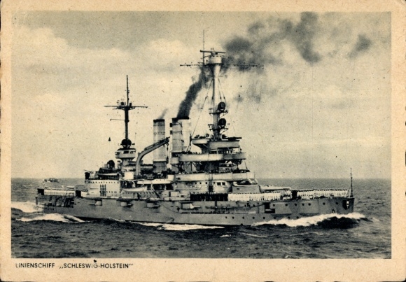 Postcard German warship, battleship Schleswig Holstein, Kriegsmarine