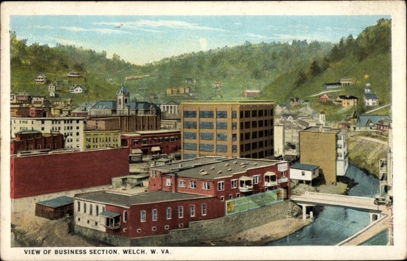 Ak Welch West Virginia USA, uitzicht op de zakenwijk